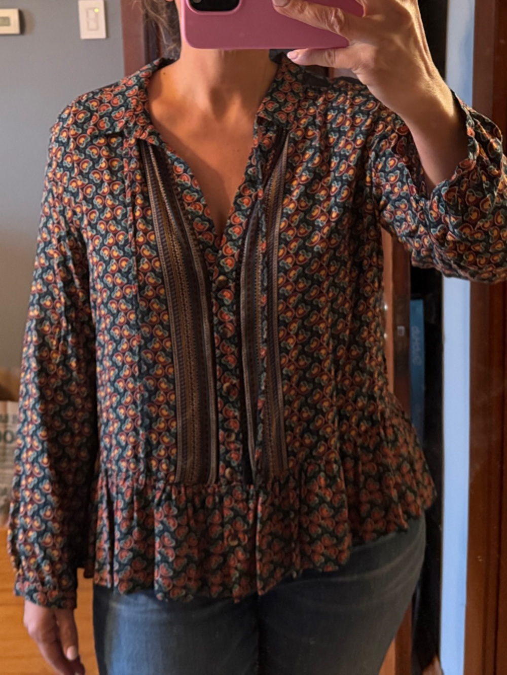 Maeve Navy Floral Peplum Blouse with Rust and Teal Accents